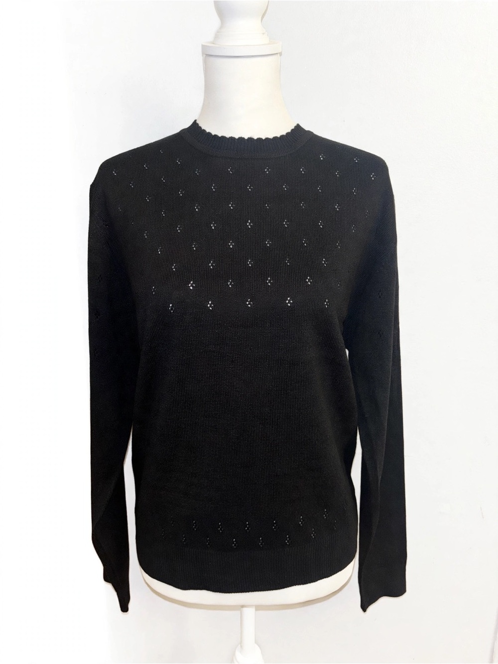 ZARA Black Crew Neck Knit Sweater with Eyelet Detail